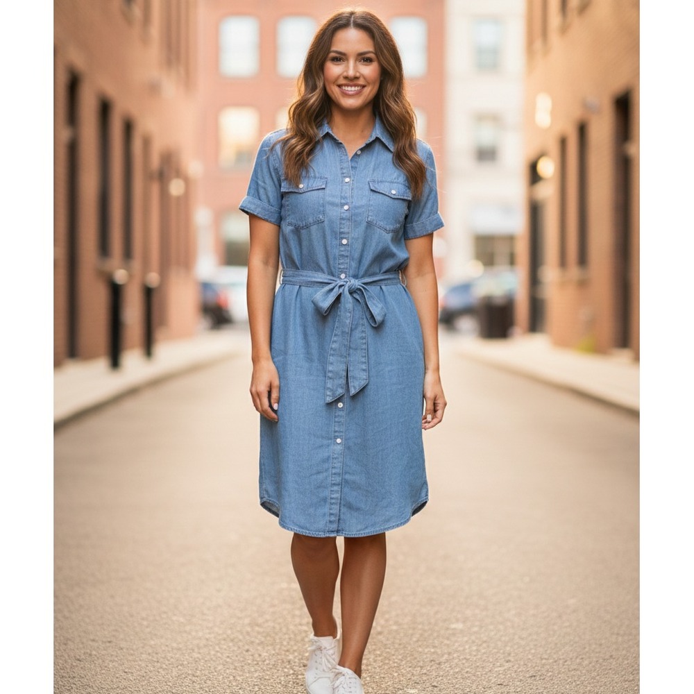 Untuckit Women's 6 Blue Short-Sleeve Point Collar Chambray Shirt Dress